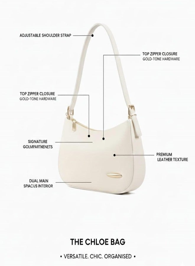 C Classic -The Chloe Bag Premium Leather Shoulder Bag, Off White, Adjustable Strap with Gold-Tone Hardware, Dual Compartment Interior - Image 5