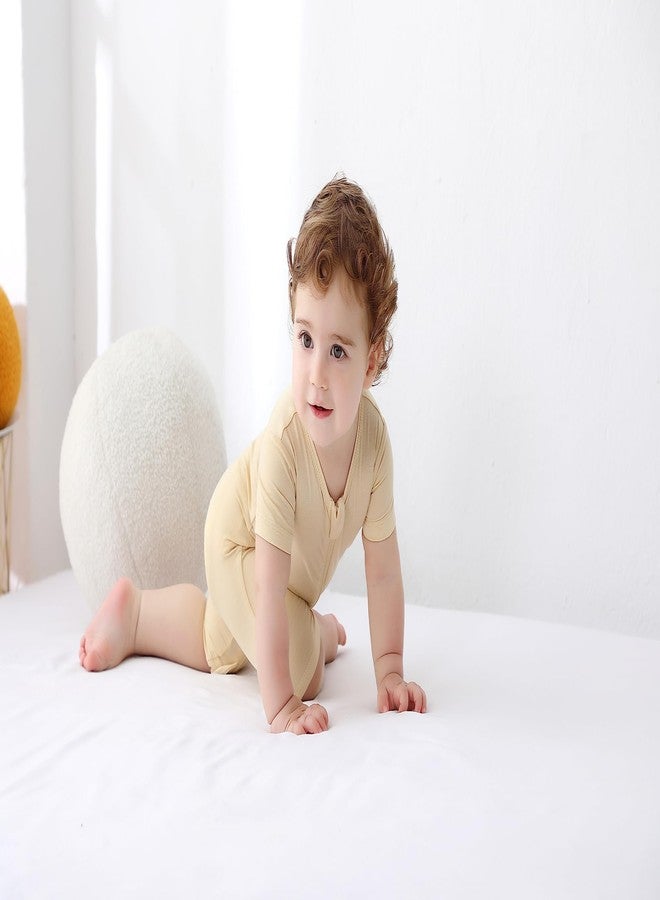 GUISBY بيجامات أطفال من قماش رايون من غويسبي، بيجامات صيفية قصيرة الأكمام بسحاب، بدون أقدام، قطعتين، لون أصفر فاتح + وردي، مقاس 12-18 شهرًا - Image 3