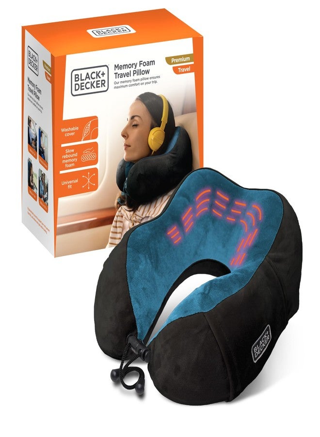 BLACK+DECKER Memory Foam Neck Pillow with Phone Pocket - Travel Pillow for Airplane, Car & Train - Ergonomic Neck Support, Washable Cover, Universal Fit,Blue - Image 1