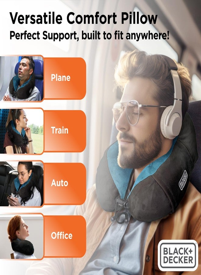 BLACK+DECKER Memory Foam Neck Pillow with Phone Pocket - Travel Pillow for Airplane, Car & Train - Ergonomic Neck Support, Washable Cover, Universal Fit,Blue - Image 3