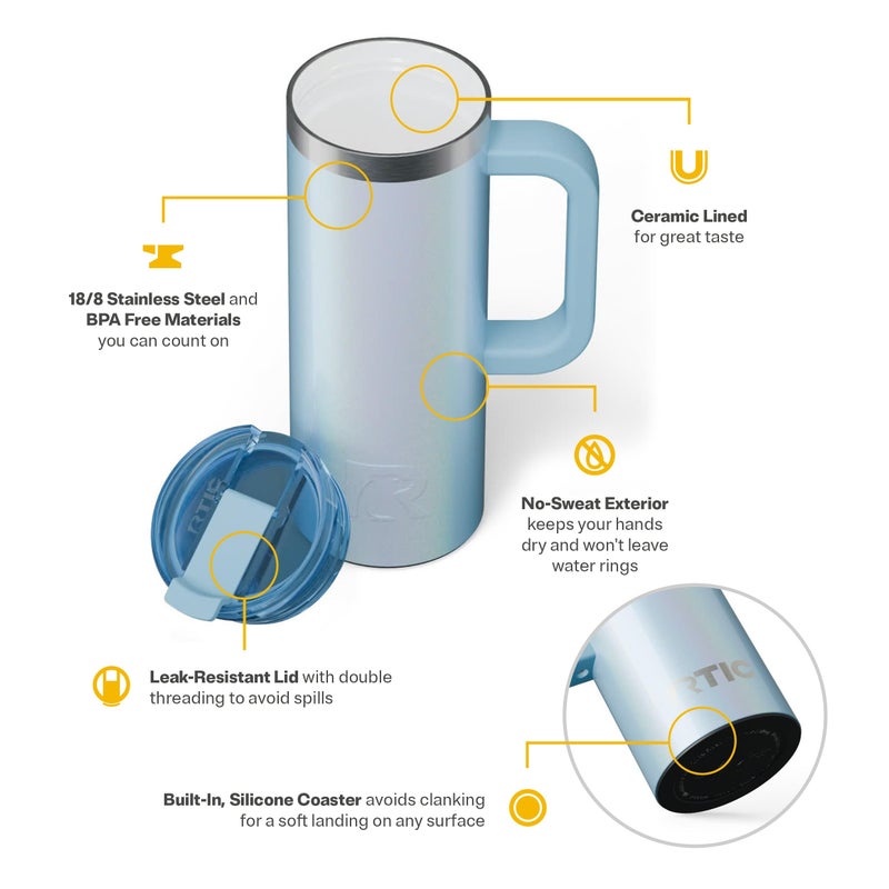 RTIC 20oz Road Trip Travel Mug with Lid and Handle, Ceramic Lined, Insulated, Stainless Steel, Metal, Double Wall Vacuum-Insulation, Portable Coffee, Tea Cup for Hot and Cold Drink, RTIC Ice Glitter - Image 4