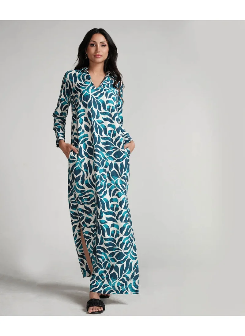 Zigzag Blue Printed Dress With Side Pockets
