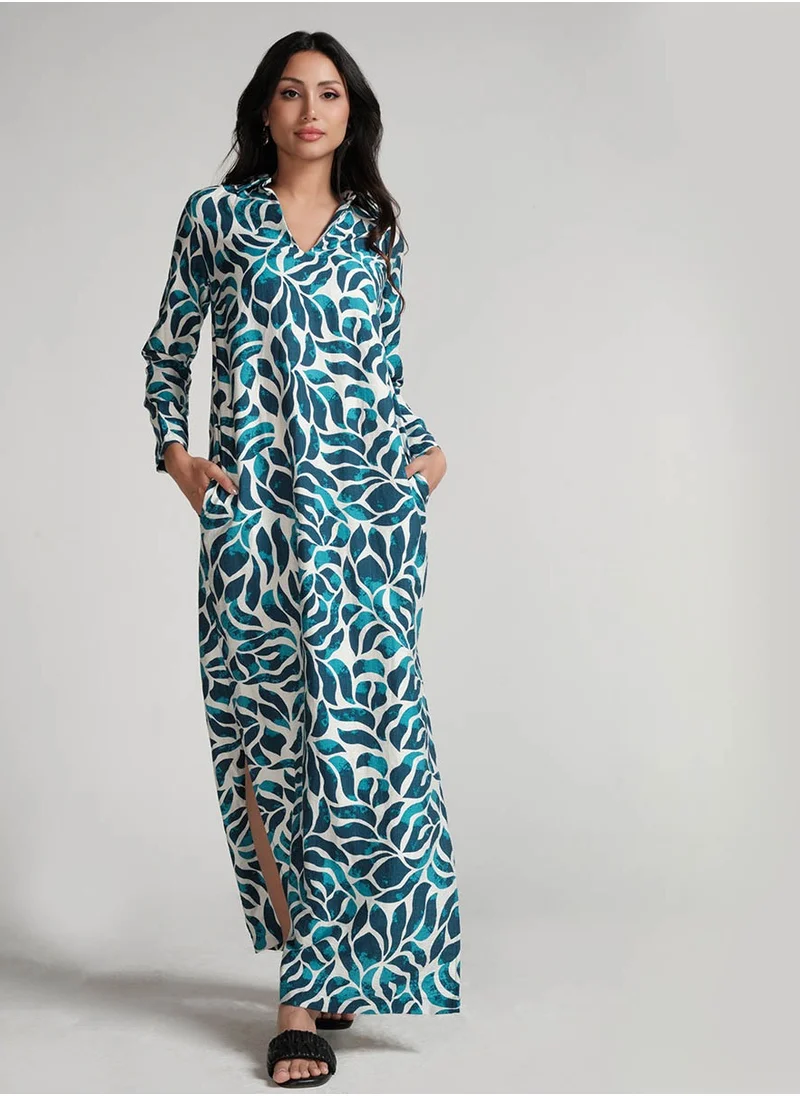 Zigzag Blue Printed Dress With Side Pockets