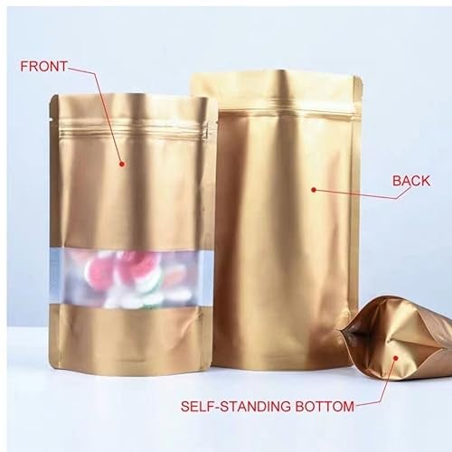 Adaamya® - 250 Gm - 50 Pcs - Matt Gold Color - Reusable Zip Lock Brown Plastic Stand Up Pouch Bags with Transparent Window & Tear-Away Notch for Multi-Purpose Storage (Pack of 50 Pcs) (250 Gm) - Image 3