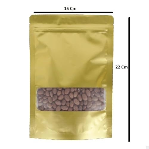Adaamya® - 250 Gm - 50 Pcs - Matt Gold Color - Reusable Zip Lock Brown Plastic Stand Up Pouch Bags with Transparent Window & Tear-Away Notch for Multi-Purpose Storage (Pack of 50 Pcs) (250 Gm) - Image 2