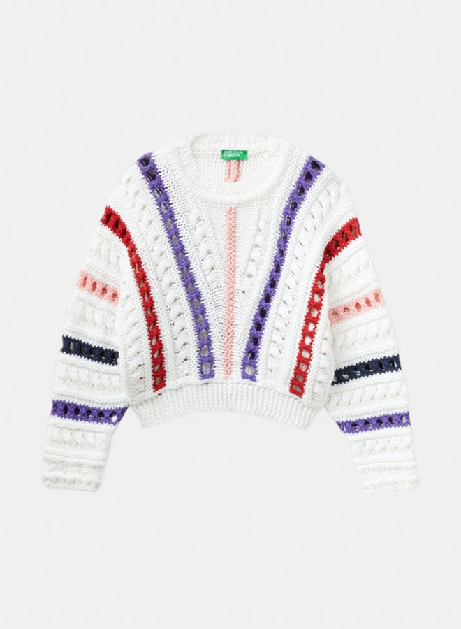 بينيتون سويتر بنات محبوك بحبال وبتفريغات - Image 1