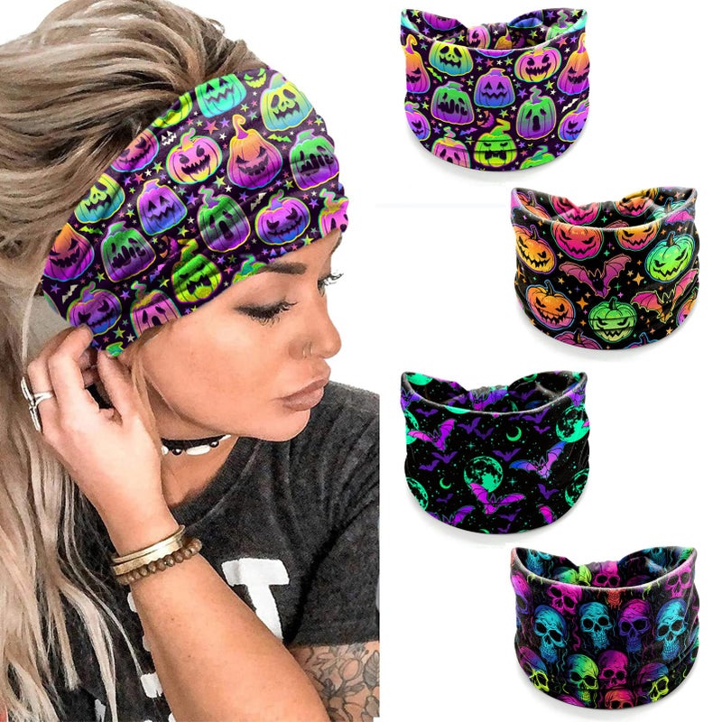 winthrop 4 Pack Halloween Headbands for Women Neon Spooky Skull Pumpkin Bat Punk Style Wide Stretchy Hair Bands Breathable Stretchy NonSlip Holiday Themed Hair Accessories for Party Yoga Makeup Costume - Image 3