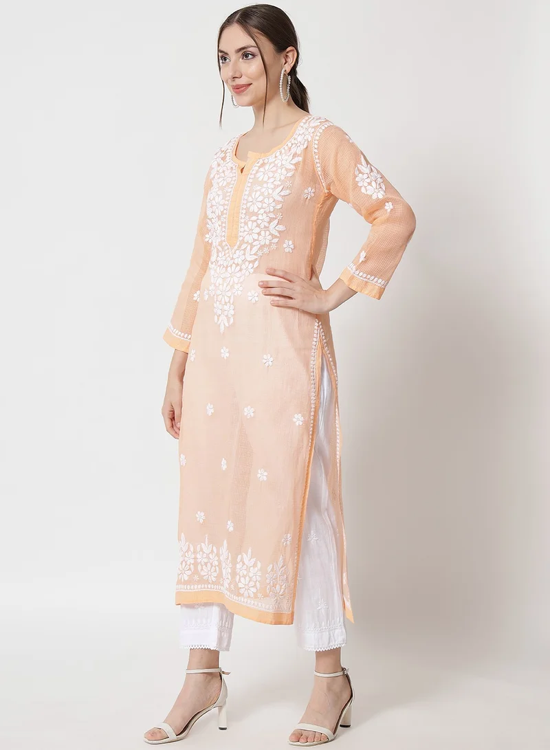Alaya Hand Embroidered Chikankari Kota Straight Kurta With Slip-AL3540