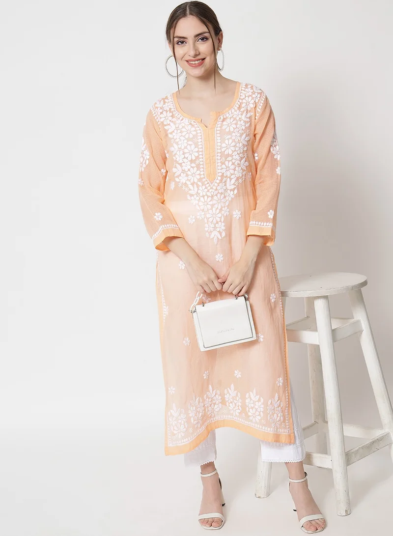 Alaya Hand Embroidered Chikankari Kota Straight Kurta With Slip-AL3540