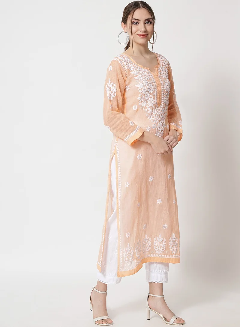 Alaya Hand Embroidered Chikankari Kota Straight Kurta With Slip-AL3540