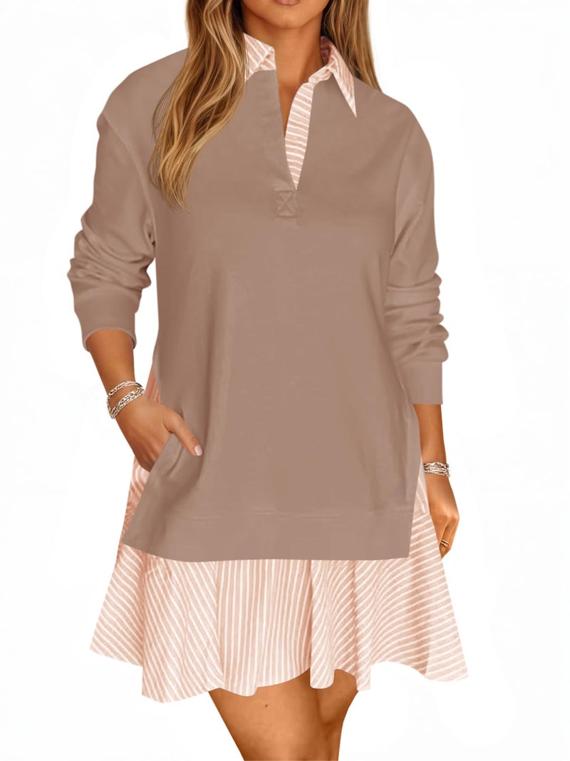 Wenrine Womens Oversized Sweatshirt Dress Casual Long Sleeve Collared V Neck Patchwork Loose Mini Dresses Khaki - Image 1