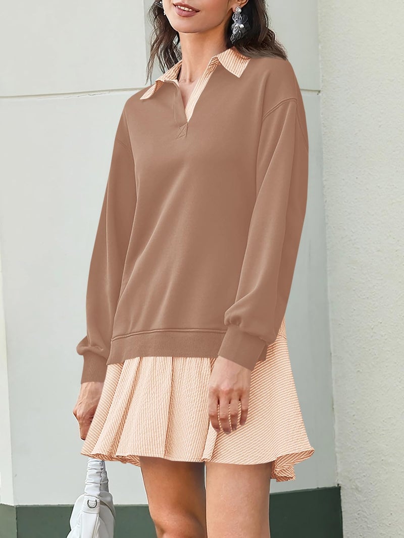 Wenrine Womens Oversized Sweatshirt Dress Casual Long Sleeve Collared V Neck Patchwork Loose Mini Dresses Khaki - Image 3