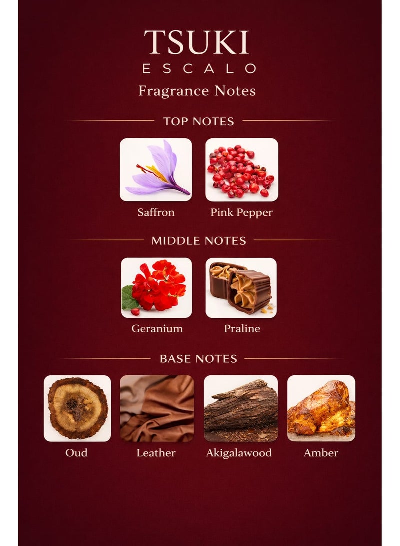 ESCALO TSUKI Extrait de Parfum, Oud Leather Saffron Amber, Spicy Woody Fragrance with Pink Pepper (50ml) image 2
