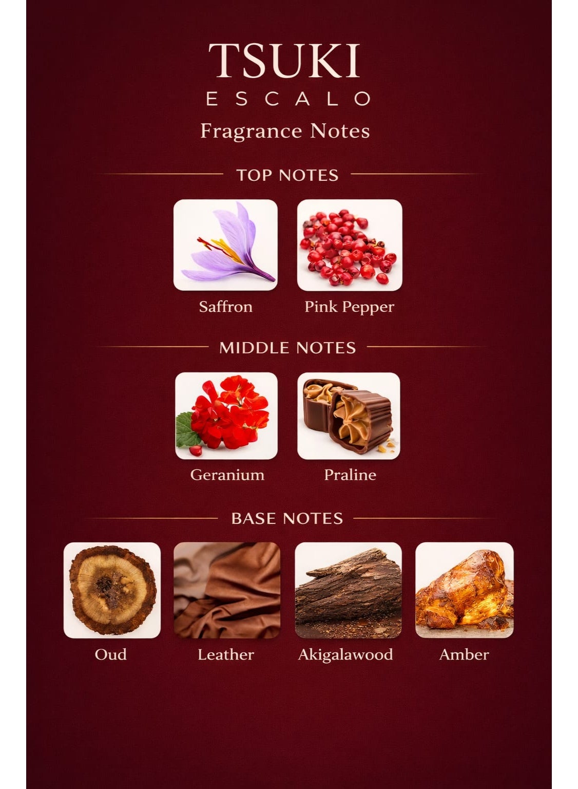 ESCALO TSUKI Extrait de Parfum, Oud Leather Saffron Amber, Spicy Woody Fragrance with Pink Pepper (50ml) image 2