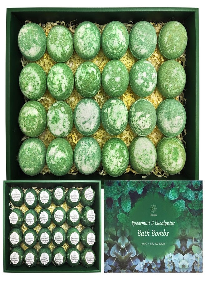 Purelis Handmade 24-Pack Spearmint & Eucalyptus Bath Bombs - Natural Moisturizing Aromatherapy Bath Bombs for Men and Women - Image 1
