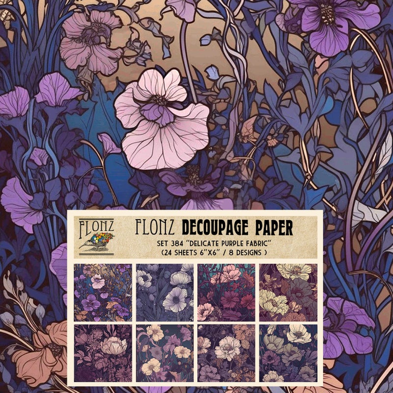 Decoupage Paper Pack 24 Sheets 6x6 Delicate Purple Fabric Vintage Styled Pattern Paper for Decoupage Craft and Scrapbooking