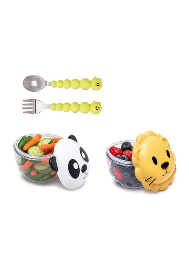 melii Snack Containers And Utensil Set - Lion And Panda Snack Containers, Silicone Caterpillar Spoon And Fork Set - Image 1