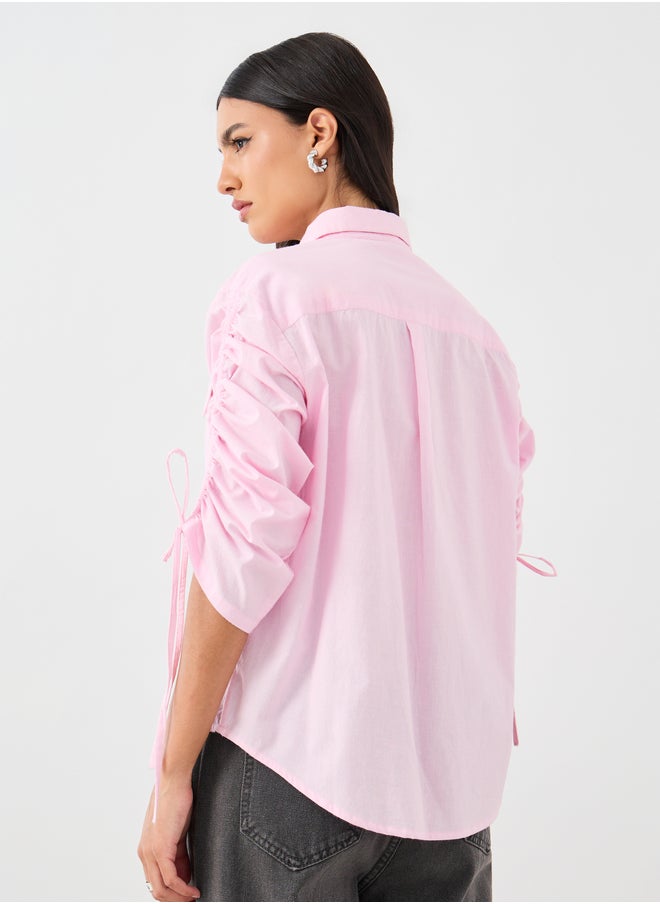 Styli Plain Drawstring Sleeves Oversized Shirt with Pocket Detail  - Image 5