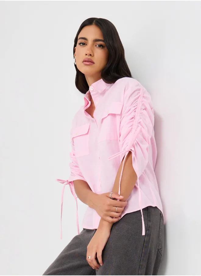Styli Plain Drawstring Sleeves Oversized Shirt with Pocket Detail