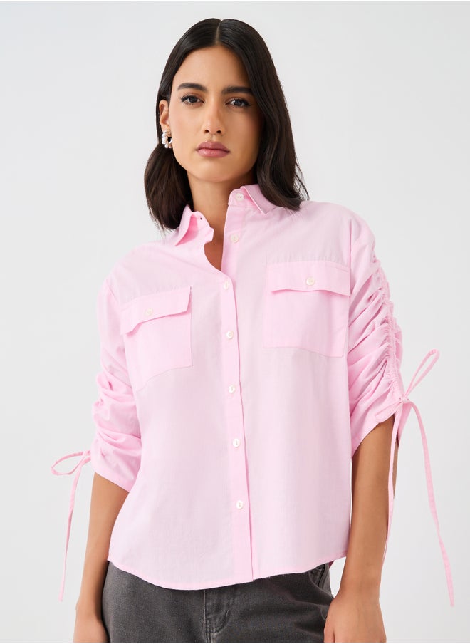 Styli Plain Drawstring Sleeves Oversized Shirt with Pocket Detail  - Image 3