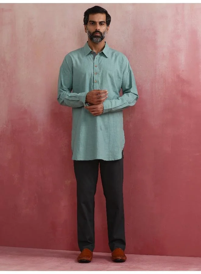 ترو برونز Men's  Aqua Blue Cotton Shirt Collar Stylized Kurta