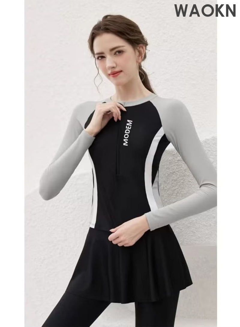 WAOKN Modest 3-Piece Swimsuit Set for Women - Includes Swimwear, Swim Skirt & Swim Shorts, UV Protection Bathing Suit, Elegant Tummy Control Design, Perfect for Surfing & Swimming，Black Gray，L(60-75KG). - Image 2