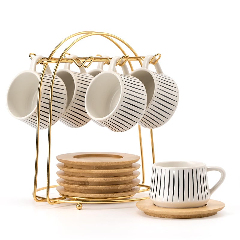 LUKA Ceramic Coffee Espresso Cups with Saucers Set with Metal Holder, 4 oz Porcelain Demitasse Cups For Tea, Espresso, Latte, Coffee, Cafe Mocha, Set of 6, White - Image 1