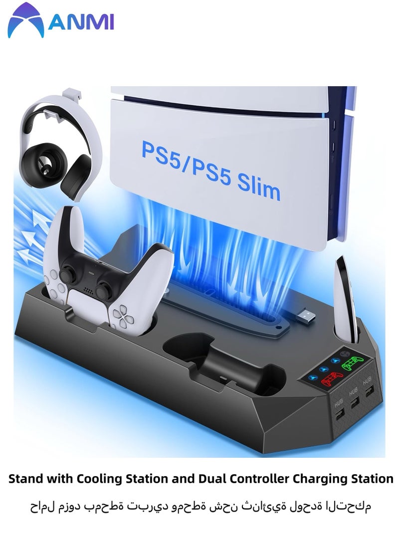Anmi PS5 Slim Stand with Cooling Station and Dual Controller Charging Station for PS5 Slim Digital Edition, PS5 Slim Disc Version, PS5 Slim Cooling Fan with Headset Holder and 3 Adjustable Fan Speeds（Black） - Image 1