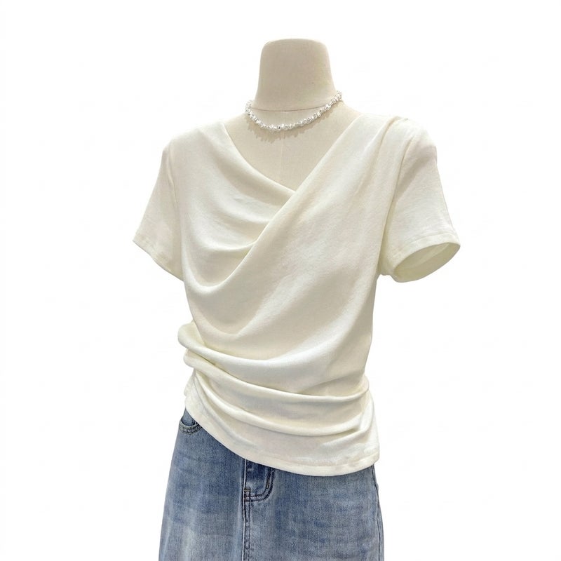 Women's Casual Tunic Top, Irregular Draped Cowl Neck, Short Sleeve, Off-Shoulder - Image 1