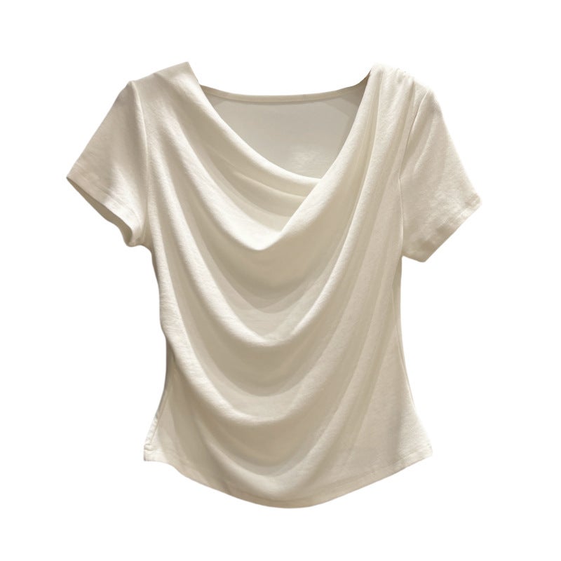 Women's Casual Tunic Top, Irregular Draped Cowl Neck, Short Sleeve, Off-Shoulder - Image 5