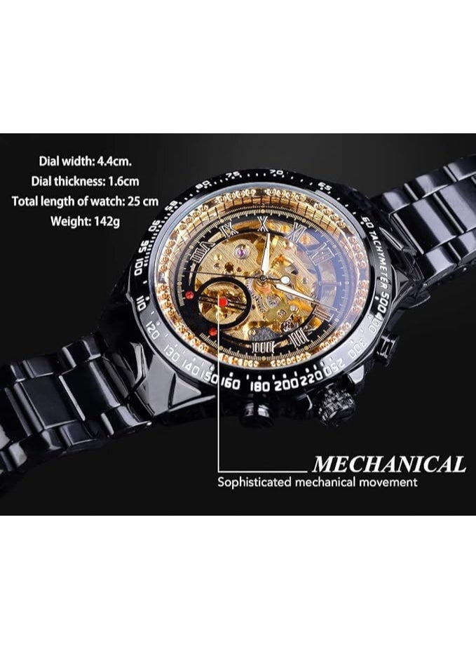 Fully Automatic Mechanical Watches for Men, Skeleton Mechanical Metal Strap Mens Watch, Hollow Carving Technology, 44mm Dial, Waterproof, Classic Roman Number and Second Hand Scale, Gold - Image 2