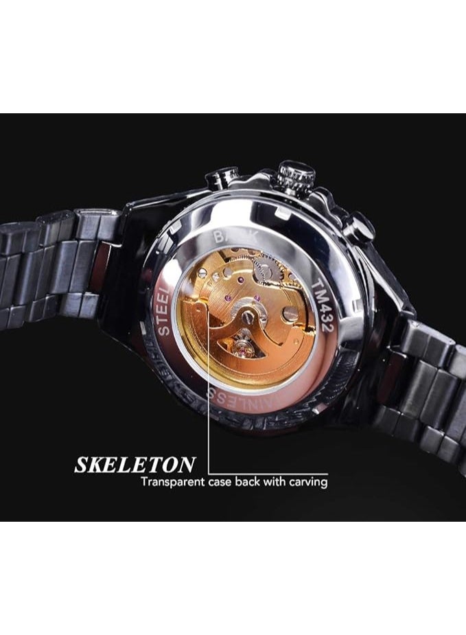 Fully Automatic Mechanical Watches for Men, Skeleton Mechanical Metal Strap Mens Watch, Hollow Carving Technology, 44mm Dial, Waterproof, Classic Roman Number and Second Hand Scale, Gold - Image 3