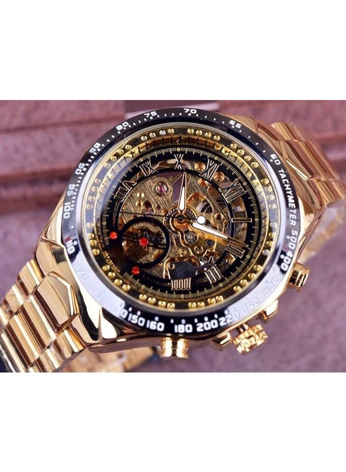 Fully Automatic Mechanical Watches for Men, Skeleton Mechanical Metal Strap Mens Watch, Hollow Carving Technology, 44mm Dial, Waterproof, Classic Roman Number and Second Hand Scale, Gold - Image 4