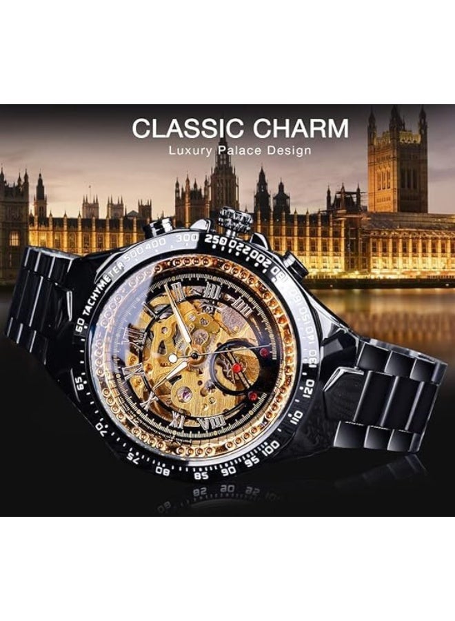 Fully Automatic Mechanical Watches for Men, Skeleton Mechanical Metal Strap Mens Watch, Hollow Carving Technology, 44mm Dial, Waterproof, Classic Roman Number and Second Hand Scale, Gold - Image 5