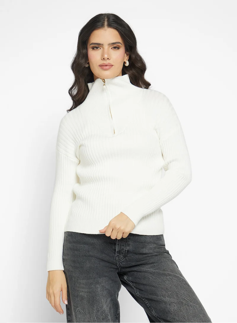 جينجر Half Zip Up Ribbed Sweater