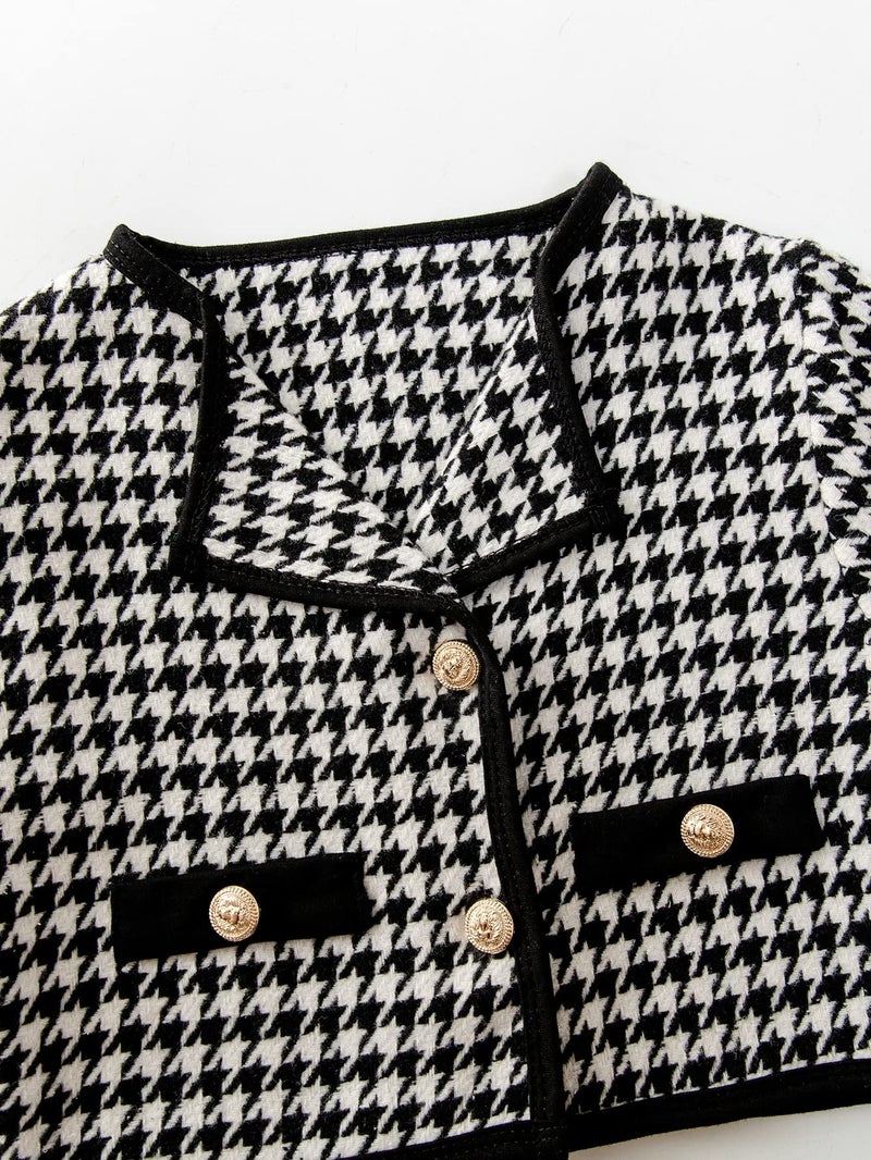 WDIRARA Girl's 2 Piece Houndstooth Outfits Tweed Jacket and Skirt Set Tea Party Suits - Image 5