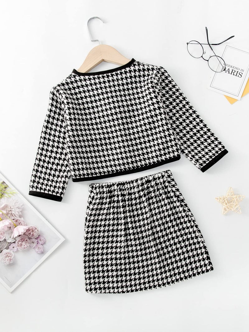 WDIRARA Girl's 2 Piece Houndstooth Outfits Tweed Jacket and Skirt Set Tea Party Suits - Image 2