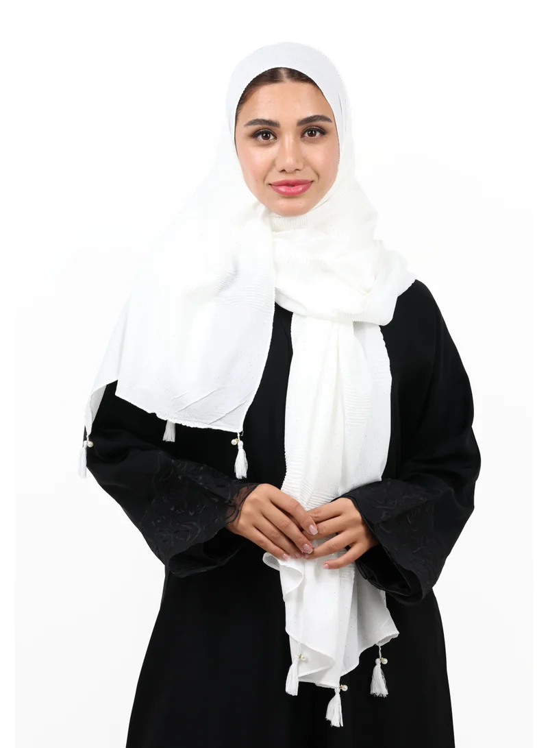 Jameela Premium Shimmer Crinkle Cotton Scarf with Thread & Pearl Tassels (Snow Gold)