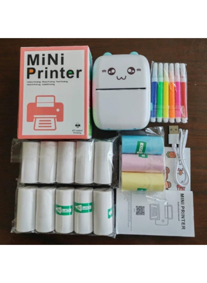 Cute Portable Mini Printer Set - Includes 5 Thermal Papers + 5 Adhesive Papers + 3 Color Papers + 6 Markers + 1 Sticker | Wireless Mobile Printer for Saudi Students & Home Use - Image 1