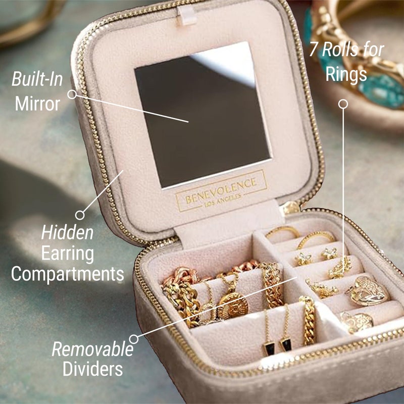 Benevolence LA Plush Velvet Jewelry Box | Travel Jewelry Case Organizer with Mirror | Featured in Oprah's Favorite Things | Best Gifts For Daughter, Girlfriend, Mom | Gifts For Her - Sage - Image 3