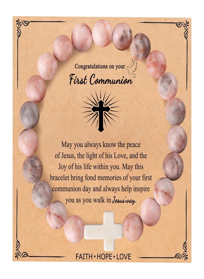 BABORI First Communion Gift Cross Bracelet for Women Christian Religious Inspirational Catholic Jewelry Pink Nature Beads - Image 1