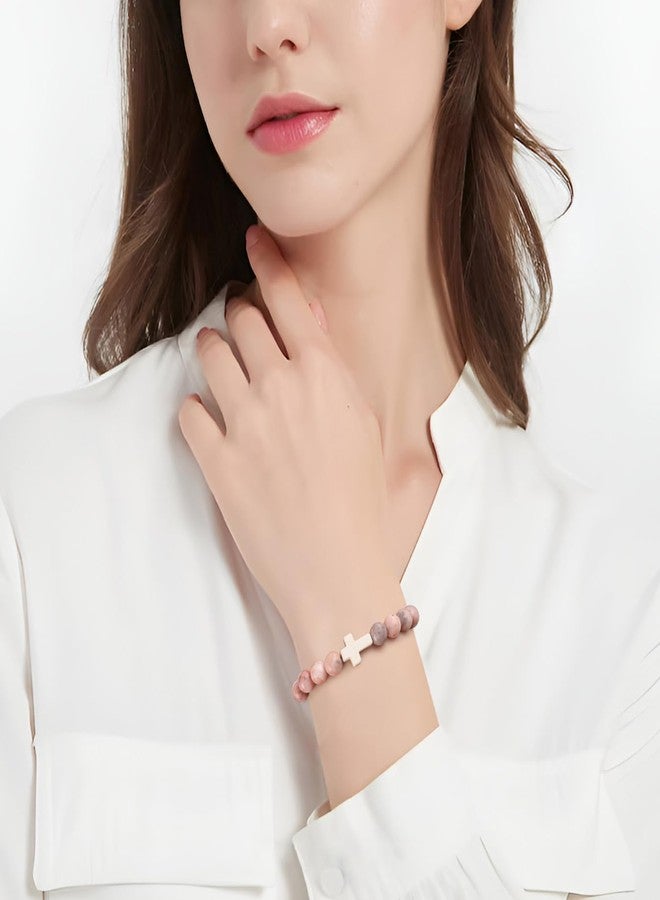BABORI First Communion Gift Cross Bracelet for Women Christian Religious Inspirational Catholic Jewelry Pink Nature Beads - Image 3