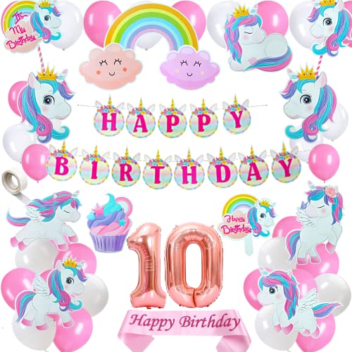 FI - FLICK IN Latex & Paper 50 Pcs Happy Birthday Unicorn Theme Sash Cutouts 10th Birthday Decoration for Girls (Pack of 50, Pink & White) - Image 1