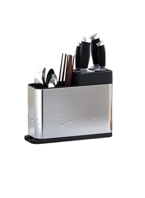 Stainless steel kitchen utensil strainer with drain rack and drying board - a versatile solution for storing colorful tableware including knives, forks and spoons