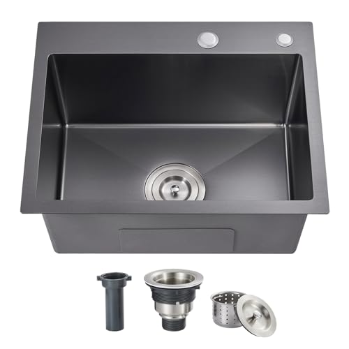 ROVOGO 20 inch Drop in Bar Sink 304 Stainless Steel, 20"x16" Wet Bar Prep Sink Single Bowl for Small Kitchen, 9" Deep Sink Top Mount with 2-Hole & Drain Assembly, Black - Image 1