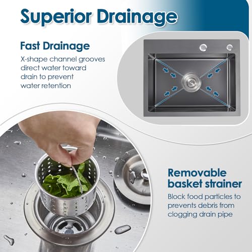 ROVOGO 20 inch Drop in Bar Sink 304 Stainless Steel, 20"x16" Wet Bar Prep Sink Single Bowl for Small Kitchen, 9" Deep Sink Top Mount with 2-Hole & Drain Assembly, Black - Image 5