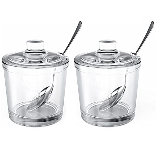 ZEAYEA Set of 2 Clear Glass Sugar Bowl, 6 Ounce Seasoning Box Condiment Pots with Spoon and Lid, Sugar Spice Salt Canister for Home Kitchen, Coffee Bar, Restaurant - Image 1