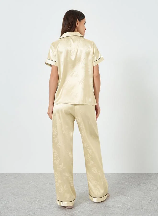 Take Two  Beige Jacquard Short Sleeve Shirt and Pyjama Set for Women | Best Price UAE
