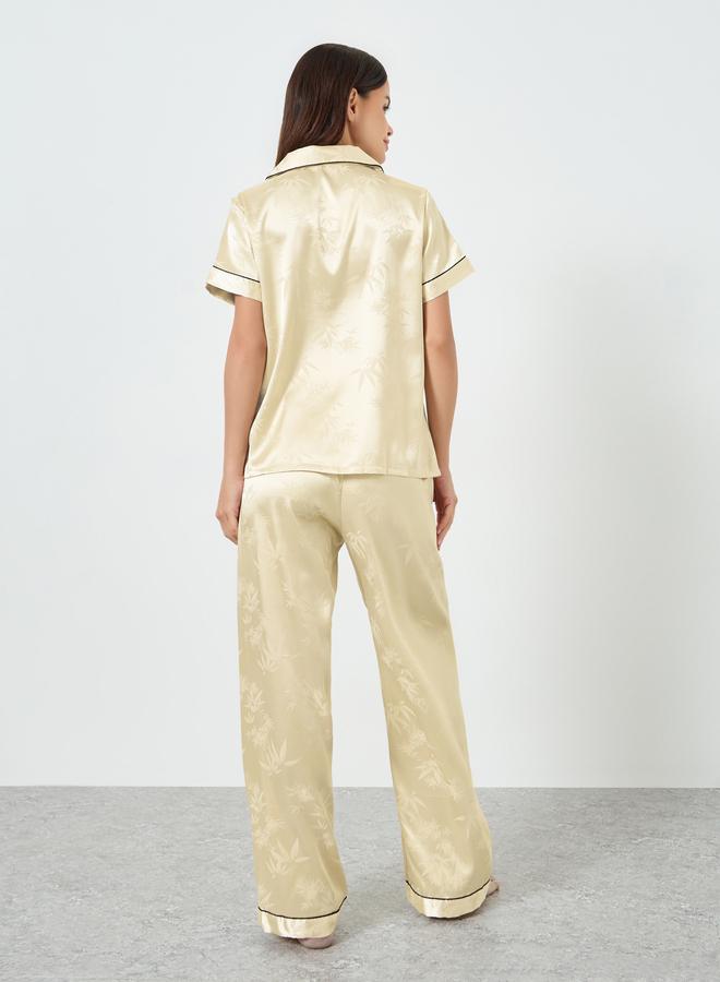 Take Two Beige Jacquard Short Sleeve Shirt and Pyjama Set - Image 5