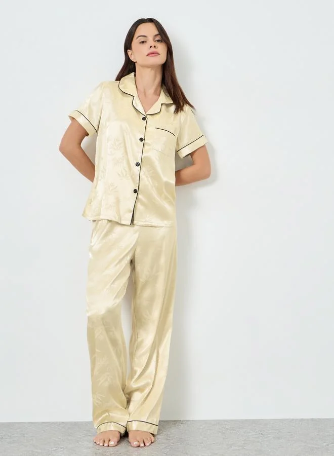 Take Two Beige Jacquard Short Sleeve Shirt and Pyjama Set